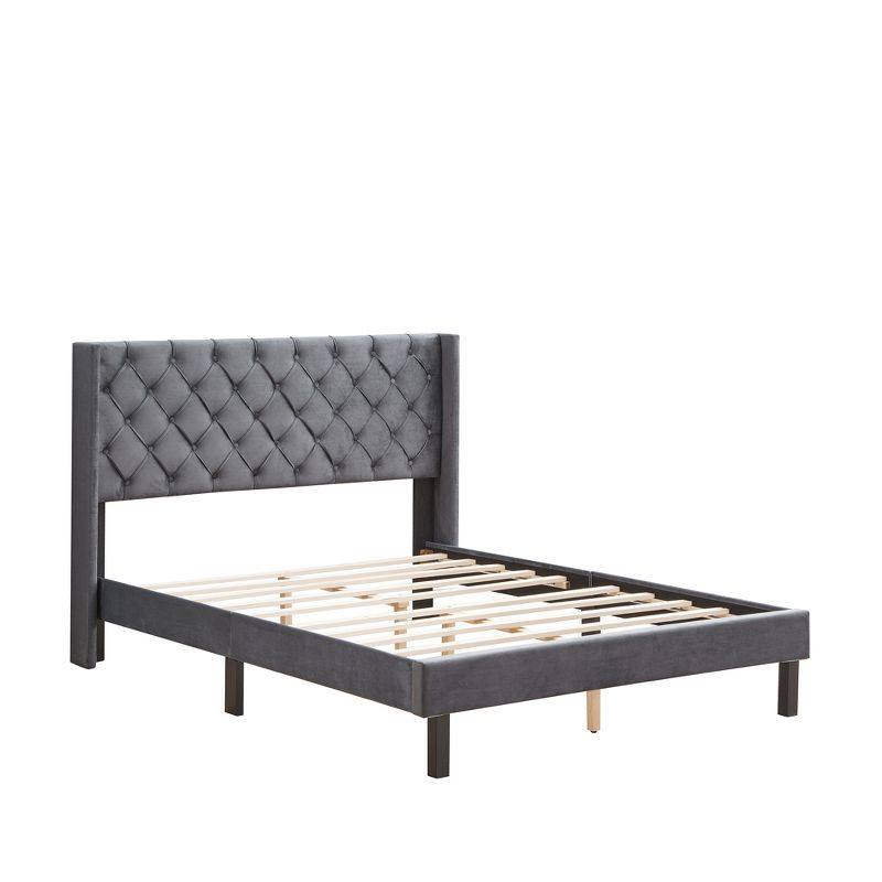 Queen Size Velvet Button Tufted Upholstered Platform Bed, Gray - ModernLuxe, 5 of 10