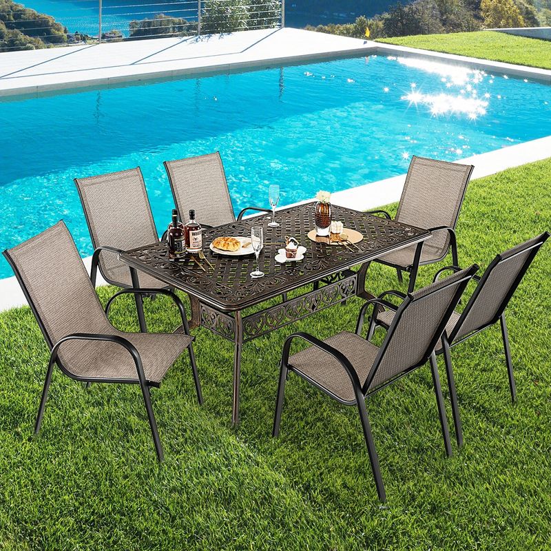 Costway 59'' Outdoor Dining Table All-Weather Cast Aluminum Umbrella Hole 6 Person Bronze, 2 of 11