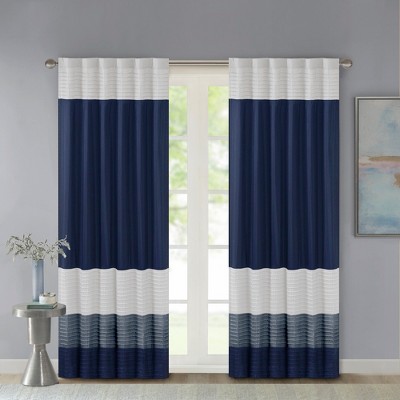 Navy and White Faux Silk Light-Filtering Drapes