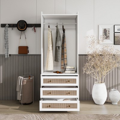 Vynxaria High Wardrobe Armoire with 3 Drawers & Rattan Accents for Stylish Storage