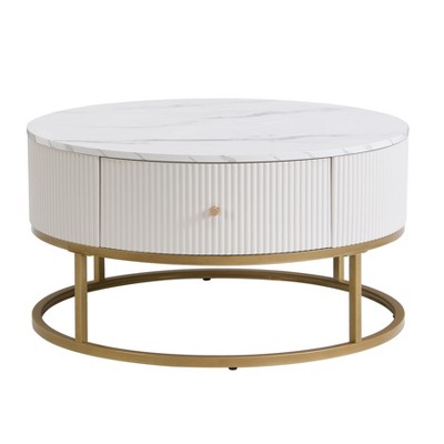 Vynxaria 31.5 Inch Modern Round Coffee Table with Drawers, Faux MarbleTable with Storage, Coffee Table for Living Room
