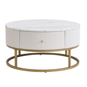 Vynxaria 31.5 Inch Modern Round Coffee Table with Drawers, Faux MarbleTable with Storage, Coffee Table for Living Room - 1 of 4