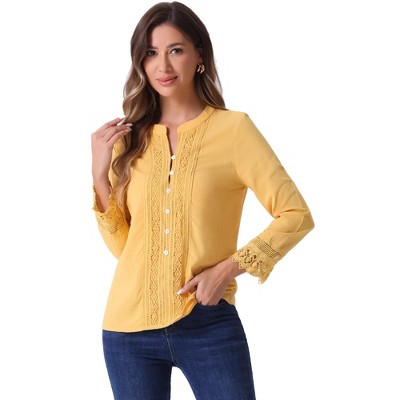 Allegra K Women's Half Button Placket Long Sleeve Lace Crochet Boho Blouse