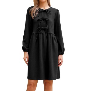INSPIRE CHIC Women's Casual Long Sleeve Self Tie Bow Cute Tunic Fall Babydoll Dress - 1 of 4