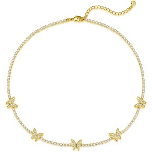 14K Gold Plated Tennis Necklace - 3mm Butterfly Rhinestone Choker for Women - 1 of 4