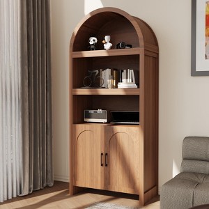 71" Tall Bookcase Arched Cabinet, Modern 5 Tier Bookshelf Mid Century Arched Display Cabinet with Fluted Doors, for Office Dining Living Room - 1 of 4