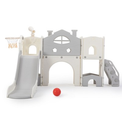 Sandinrayli 8-In-1 Toddler Slide and Climber Playset, Kids Slide Playground with Tunnel, Red/Green/Gray
