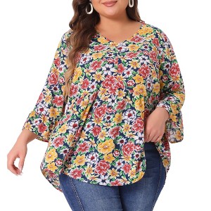 Agnes Orinda Women's Plus Size Floral V Neck Ruffle Sleeve Loose Fit Babydoll Peplum Blouse - 1 of 4
