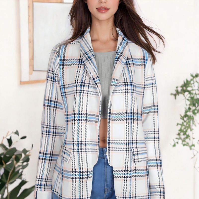 Anna-Kaci Women's Open Front Plaid Blazer Coat Jacket Long Sleeve Mock Front Pockets Formal Work Attire, 4 of 7