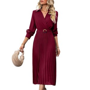 Coolmee Women's Business Casual Shirt Dress Cross Lapel V Neck Solid Color Dresses Long Sleeves Accordion Pleated Midi Dresses with Belt M Red - 1 of 4