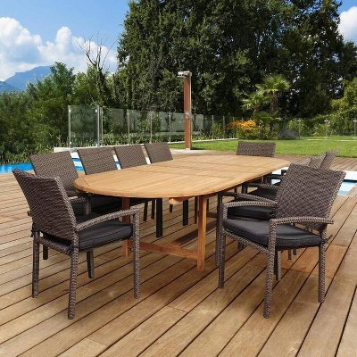 City Villa 11pc Patio Teak Wood Wicker Double-Extendable Oval Dining Set - International Home Miami