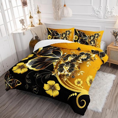 Acoinel Golden Butterflies Comforter Bedding Set with 1 Quilt 2 Pillowcases, for Valentine's Day Wedding Gifts,Queen