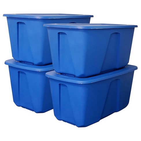 Homz 32 Gallon Large Standard Stackable Plastic Storage Container Bin with Secure Snap Lid for Home Organization, Blue (4 Pack)