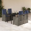 vidaXL 5-Piece Outdoor Dining Set with Adjustable Gray Poly Rattan Chairs and Tempered Glass Table - Navy Cushions - 2 of 4