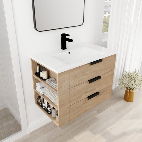 Exbrite Oak Adjustable Side Shelf Bathroom Vanity, : Target