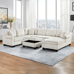 111.8" Chenille Upholstery U-Shaped Sectional Sofa with Movable Storage Ottoman - 1 of 4