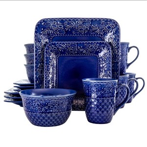 Elama Indigo Lotus 16 Piece Square Stoneware Dinnerware Set Blue Floral Casual Microwave Safe - 1 of 4