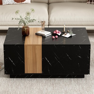 35.4 Inch Modern Coffee Table, 2-Tone Faux Marble And Walnut Wood Rectangular End Table