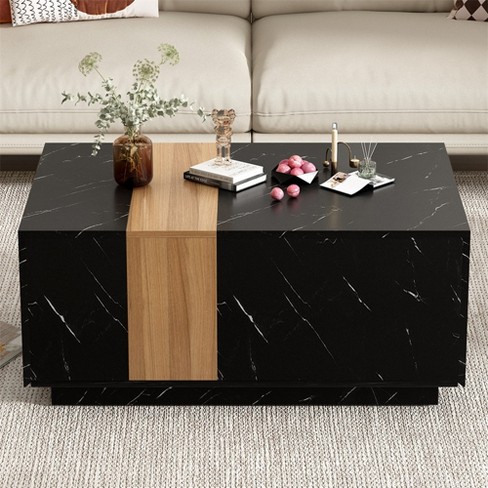 35.4 Inch Modern Coffee Table 2 tone Faux Marble And Walnut Wood Rectangular End Table Target