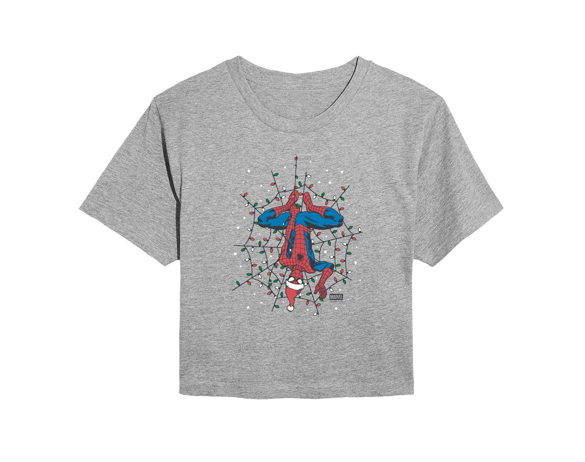 Women's Marvel Holiday Lights Spider Man Cropped Graphic T-Shirt - Heather Grey - X-Large