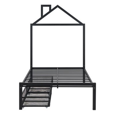 Twin-Size Metal Bed with Storage Drawers and House-Inspired Headboard