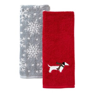 2pc Snow Many Dachshunds Hand Towel Set Red - SKL Home: Cotton Jacquard, Festive Bath Decor - 1 of 3