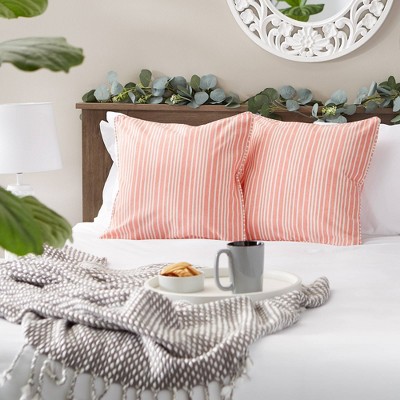 Coral Chambray Striped Recycled Cotton Euro Throw Pillow Covers, Set of 2