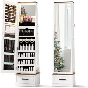 FONTOI Jewelry Armoire, Mirror Jewelry Cabinet Standing with Wheels, 360 Degree Rotating Full Length Mirror, White, 15.74"D x 14.56"W x 58.74"H - 1 of 4