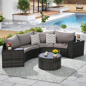 Outdoor Sofa Set, Sectional Half-Moon Sofa, PE Wicker Sofa With Cushions, Sofa Set with Tempered Glass Round Coffee Table-Coolbibila - 1 of 4