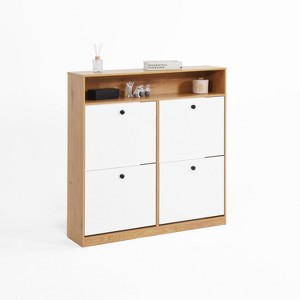 TIRAMISUBEST Shoe Storage Cabinet with 4 Flip Drawers and Open Compartment - Freestanding Shoe Rack Organizer with Wooden Handles for Entryway - 1 of 4