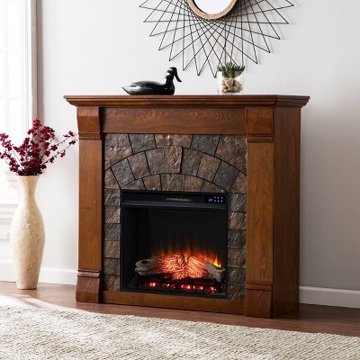 Paulm Faux Stone Touch Panel Electric Fireplace Salem Antique Oak - Aiden Lane