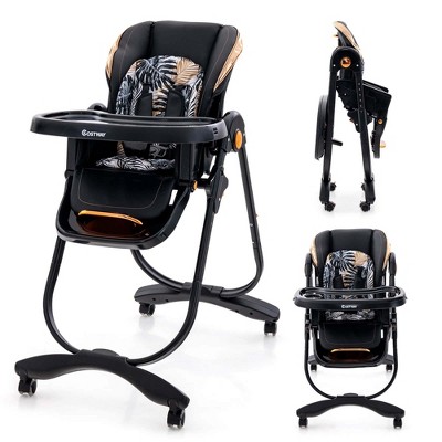 Image of Costway Baby High Chair with Wheel Folding Baby Dining Chair Adjustable Height & Recline Black