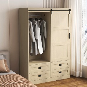 KTMBDW Armoire Wardrobe Closet, 71" H Wooden Clothing Storage Cabinet with Barn Door and 2 Drawers, Bedroom Freestanding Wardrobe with Hanging Rod - 1 of 4