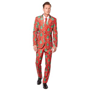 Suitmeister Men's Christmas Suit - Xmas Wreath & Tree Design Slim Fit Green - Red  - Size XX-Large - 1 of 4