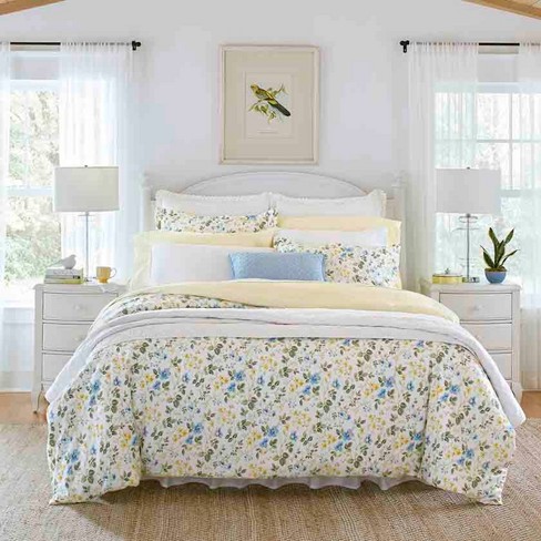 3pc Full/queen Meadow Floral 100% Cotton Duvet Cover & Sham Set White/blue  - Laura Ashley : Target