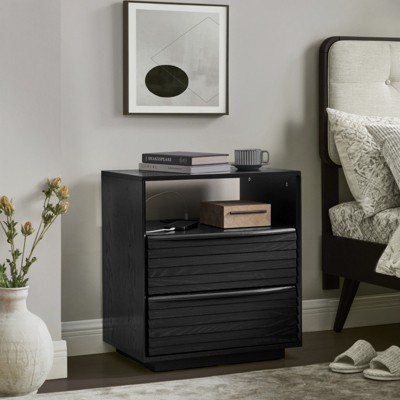 BEAFUP Mid Century Nightstand with Charging Station & Outlet Hole & 2 Solid Wood Drawers,Farmhouse Dresser  with Open Shelf & Drawer