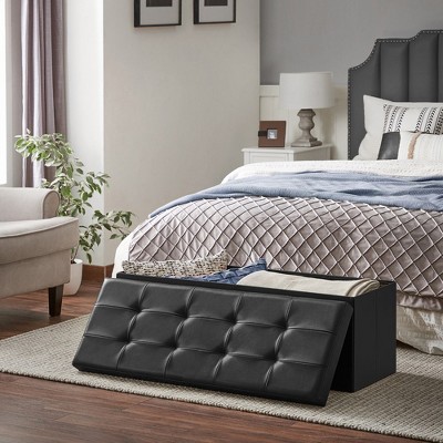 30" Black Faux Leather Folding Storage Ottoman Bench