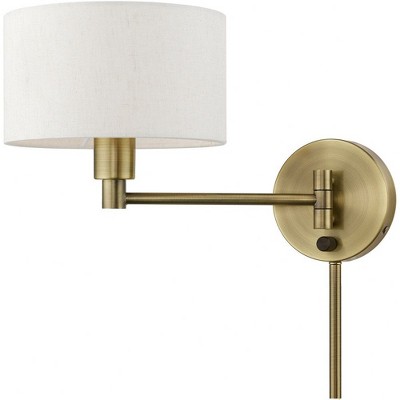 Antique Brass Swing Arm Wall Lamp with Oatmeal Fabric Shade