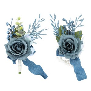 Unique Bargains Rose Corsage and Boutonnieres Set For Party Wedding Flowers Pin 2.76 Inch 2 Pcs - 1 of 4