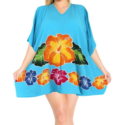 LA LEELA Women's Plus Size Bathing Suit Cover Up – Loose Casual Hibiscus Flower Kimono, 1X-2X Blue