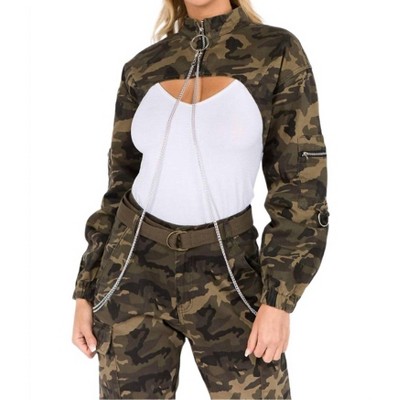 Women's Camouflage Cropped Jacket With Chains - American Bazi