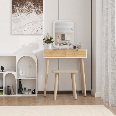 ELECWISH 24" White Makeup Vanity Desk Set with LED Mirror & Stool - Adjustable Lighting, 2 Drawers, USB Charging Station, Clear Desktop