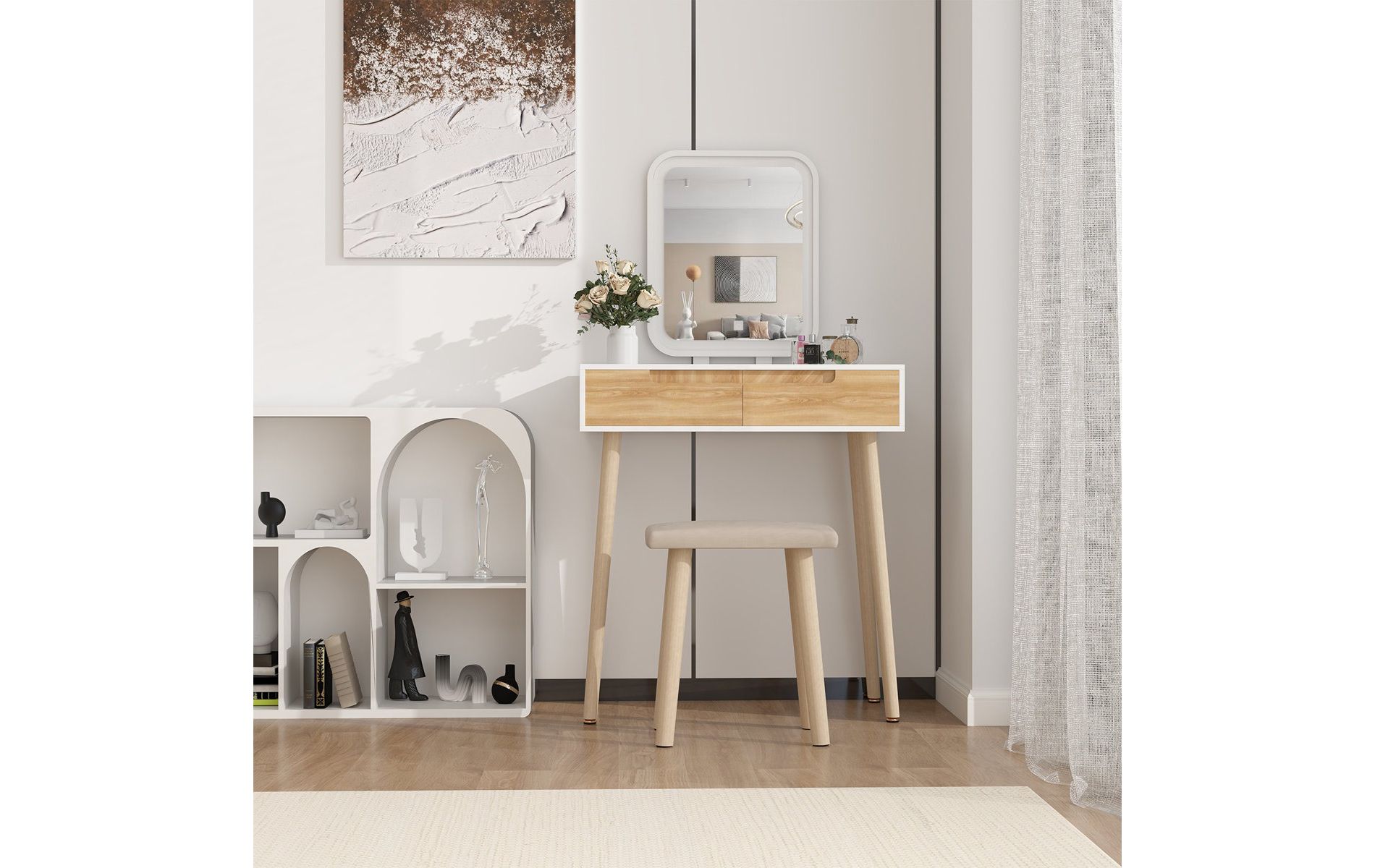 19.7" White & Gold Makeup Vanity Desk Set with LED Mirror
