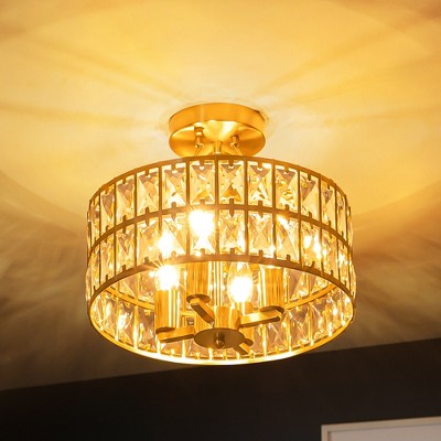 Rennnsan Lunara 12" W 4 -Light Crystal Dimmable Mid-century Drum Shaded Semi Flush Mount in Matte Black & Chrome & Brass