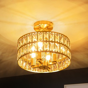 Rennnsan Lunara 12" W 4 -Light Crystal Dimmable Mid-century Drum Shaded Semi Flush Mount in Matte Black & Chrome & Brass - 1 of 4