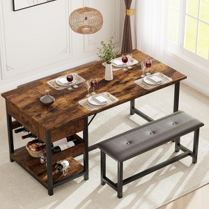 Industrial Dining Table Set with Storage Drawer & Wine Rack - Faux Wood Top, Leather Bench, Compact Design for Small Spaces - 1 of 4