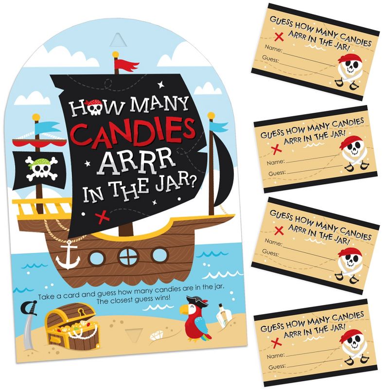 Big Dot of Happiness Pirate Ship Adventures - How Many Candies Skull Birthday Party Game - 1 Stand and 40 Cards - Candy Guessing Game, 1 of 9