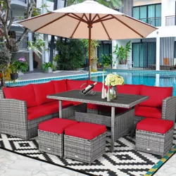 Costway 7 PCS Patio Rattan Dining Set Sectional Sofa Couch Ottoman Garden White\Red\Black