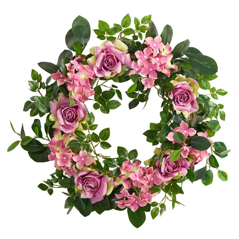 Nearly Natural 22” Pink Hydrangea and Rose Artificial Wreath, 1 of 5