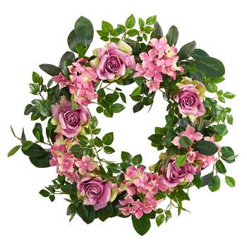 Nearly Natural 22” Pink Hydrangea and Rose Artificial Wreath